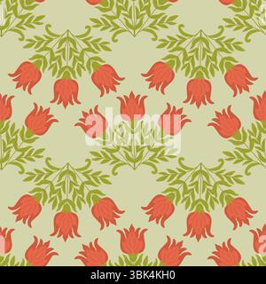 Nahtloses Blumenmuster mit stilisierten roten Tulpenblüten und grünen Blättern auf hellem Hintergrund. Perfekt für Vintage- und dekorative Textilien, Wandverkleidung Stock Vektor