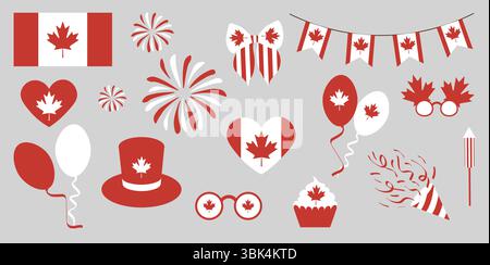Set von Symbolen für den Canada Day. Kanadische Flagge, Ahornblatt, Feuerwerk, Fähnchen, Ballons, Hut, Brille, Schleife. Designelemente für Karten, Einladungen, Verbot Stock Vektor