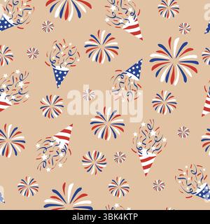 Ein nahtloses Muster mit Feuerwerk. Perfekt für patriotische US-Designs, Stoffdrucke und festliche Hintergründe. Vektorabbildung Stock Vektor