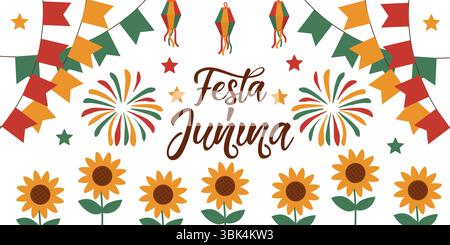 Farbenfrohe Festa Junina Festival Illustration mit traditionellen brasilianischen Elementen der Juni Party. Perfekt für festliche Designs, Einladungen, Banner und Stock Vektor