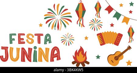 Farbenfrohe Festa Junina Festival Illustration mit traditionellen brasilianischen Elementen der Juni Party. Perfekt für festliche Designs, Einladungen, Banner und Stock Vektor