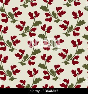 Nahtloses Muster mit stilisierten roten Blumen mit grünen Blättern im Volkskunst-Stil. Traditionelles botanisches Motiv auf weichem hellem Hintergrund. Ideal für bo Stock Vektor