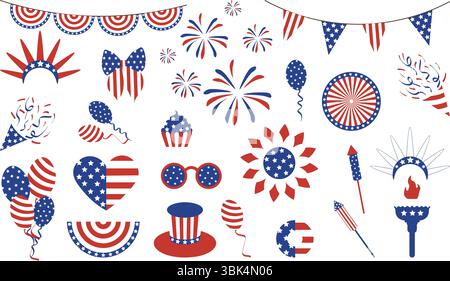 Set von nationalen Symbolen der USA-Feier am 4. Juli. Ideal für Designs des amerikanischen Unabhängigkeitstages, Partyeinladungen, Banner und patriotische Stock Vektor
