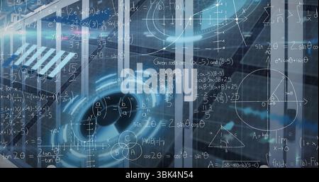 Holografische Benutzeroberfläche mit mathematischen Formeln auf Glasplatten im Labor mit HUD-Grafiken Stockfoto