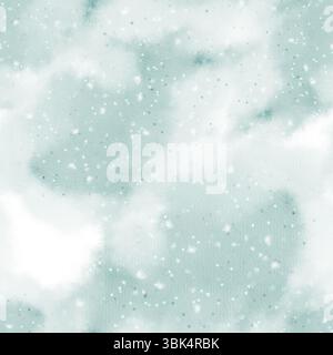 Nahtloses Muster mit sanften grünen und weißen Aquarelltexturen. Subtile Schnee- oder staubähnliche Überzüge sorgen für mehr Tiefe. Handgemalte Illustration, ideal für Textilien, Hintergründe, Verpackungen und digitale Designs. Stockfoto