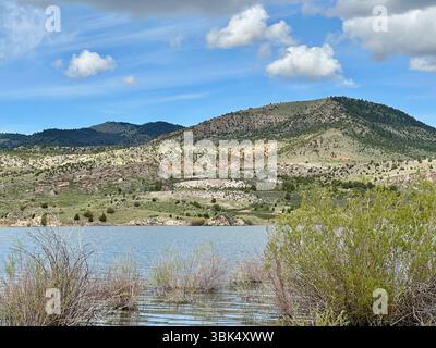 Sträucher, die teilweise in einen ruhigen Bergsee getaucht sind, vor einer Kulisse aus sanften Hügeln und dramatischen Wolken. Die Hochwüste liegt in Kap. Stockfoto