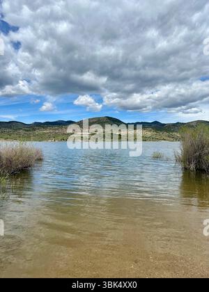 Sträucher, die teilweise in einen ruhigen Bergsee getaucht sind, vor einer Kulisse aus sanften Hügeln und dramatischen Wolken. Die Hochwüste liegt in Kap. Stockfoto