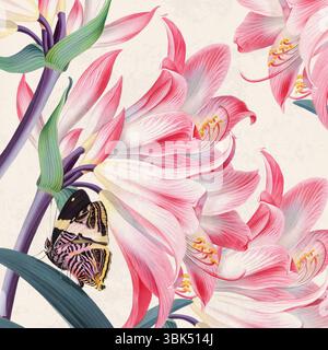 Blumen und Schmetterlinge: Weiche rosa Lilien und Schmetterlinge auf beigefarbenem Hintergrund. Stockfoto