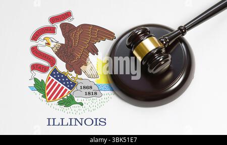 Illinois US-Bundesgesetz, amerikanisches Rechtssystem und Justizkonzept mit Blick von oben auf einen Hammer auf der Illinoisanischen Flagge. Stockfoto