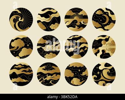 Chinesisches Muster. Japanisches Gold Sonne und Wolken, orientalisches Tattoo Ornament oder asiatisches Wasser, Wind und Meer. Mongolischer Himmel. Runde Icons, Kreis kreative Aufkleber Kollektion. Embleme oder Etiketten. Vektordesign Stock Vektor