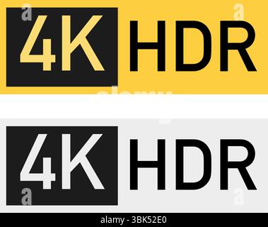Symbol für 4K HDR Ultra High Definition Label – Farbvarianten Gelb und Grau. Stock Vektor