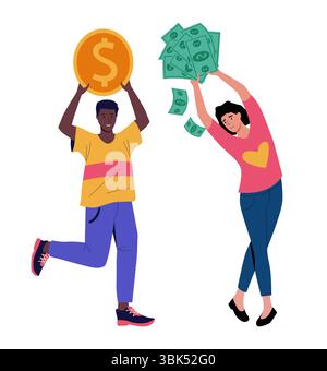Menschen mit Münzen. Cartoon-Frau, die Banknoten in der Hand hält. Glücklicher Mann, der Goldbargeld trägt. Finanzieller Gewinn. Investitionserfolg. Geldeinsparungen. Millionärsposen. Wirtschaftsreichtum. Vektor-Rich Persons festgelegt Stock Vektor
