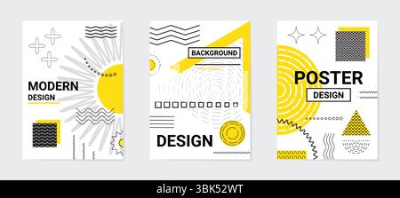 Posterdesign. Minimalistisches, geometrisches, kreatives Design. Vorlagensatz. Abstrakter moderner minimaler Hintergrund. Business-Grafik, Notebookabdeckung. Schwarze und gelbe Farben. Zeitgenössische Vektor-Illustration Stock Vektor