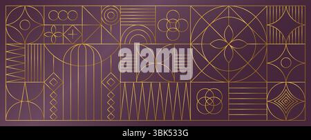 Art déco-Muster. Goldener Luxusrahmen, gatsby Line Einladung oder Premium-brauner Umschlag, abstrakter Stil. Horizontales Premium-dekoratives Banner. Kreative Kulisse mit goldener Geometrie. Vektorhintergrund Stock Vektor