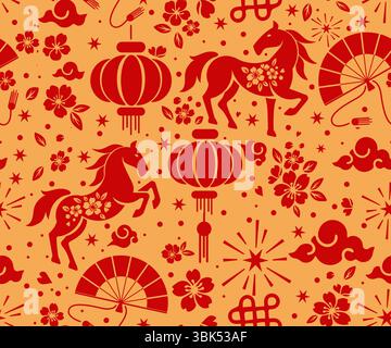 Nahtloses Muster Happy chinese New Year 2026 das Pferd Sternzeichen mit asiatischen Elementen Papierschnitt Stil auf farbigem Hintergrund. Stock Vektor