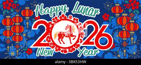 Happy Chinese New Year 2026, Vektorkunst und Illustrationen von Happy New Year 2026. Für Grußkarte oder Banner. Vektorabbildung Stock Vektor