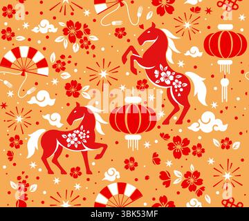 Nahtloses Muster Happy chinese New Year 2026 das Pferd Sternzeichen mit asiatischen Elementen Papierschnitt Stil auf farbigem Hintergrund. Stock Vektor