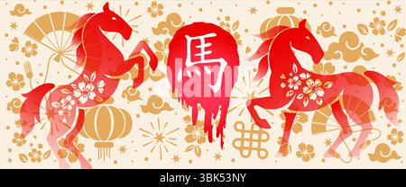 Horizontale Banner Chinesisches Neujahr 2026 Jahr des Pferdes. Vorlagendesign für Weihnachtsillustrationen, Grußkarten und Banner. (Chinesische Übersetzung Stock Vektor