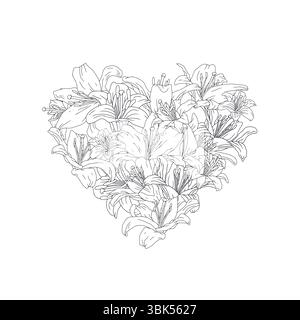Handgezeichnete Linie Art Herzkomposition gefüllt mit Retro Palette Lilienblüten isoliert auf weiß Stock Vektor