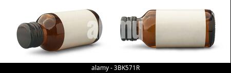 Modellvorlage für braune Glasflaschen mit leerem Etikett und schwarzem Schraubverschluss isoliertem weißem Hintergrund, pharmazeutischem Sirup oder ätherischem Öl Stockfoto