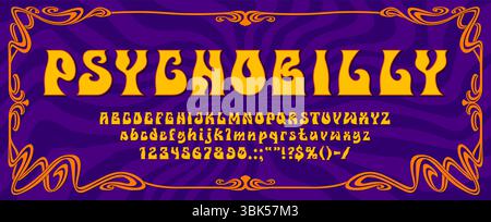 Psychedelische trippige Schriftzeichen, funky Hippie-Typ, Retro-groovige Schriftart, Vintage-abc-Alphabet im wirbelnden Rahmen. Vektortypografie funky bold font, Retro groovige psychedelische englische abc Buchstaben Typ Stock Vektor