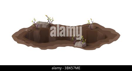 Cartoon tief schmutzige Grube und Grabe, Erdloch. Bodenerosionsgrube oder Abgrund für Naturkatastrophen, isolierte Vektortierhöhlen. Tief schmutziges und schlammiges Loch im Boden mit Steinen und Baumkeimen an den Kanten Stock Vektor