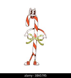 Weihnachtsbonbon Zuckerrohr süßes Dessert grooviger, lustiger Charakter. Winterferien Dessert fröhlich groovy Vektor Maskottchen, Weihnachten Karamell Bonbons lustige Persönlichkeit. Neujahr süßer Dessert Snack Happy Charakter Stock Vektor