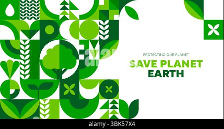 Poster „Save Earth Environmental Ecology“ mit grünem geometrischem Muster und Vektorbanner. Poster „Save Planet and Protect Earth“ für Naturschutz, Umweltschutz und Biodiversitätskonzept Stock Vektor
