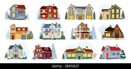 Weihnachten Winterhaus Gebäude Außenfassaden, isolierte Haus Fassaden mit schneebedeckten Dächern, Vektor Weihnachten Feriendorf Straße gesetzt. Cartoon-Winterhäuser und -Hütten mit Weihnachtsbäumen, Lichtern, Türkränzen Stock Vektor
