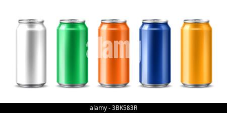 Realistische Soda-Getränkedosen. Vector 3D-Modelle aus Aluminium oder Blechdosen für Softdrinks, Mineralwasser, Fruchtsaft, Energy Drink oder Limonade. Aluminiumgläser mit bunten Etiketten und Schatten Stock Vektor