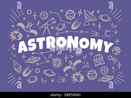 Astronomie-Symbole und -Symbole auf dem Schulbrett, Vektorbildung. Weltraumplaneten, Mond- und Sonnenstern, Teleskop- und Orbit-Satelliten-Sketch-Kreidezeichen, Universumsgalaxie-Sonnensystem Stock Vektor