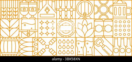 Abstraktes geometrisches Muster von Biergetränk und Getränk. Vektor-moderner Hintergrund für zeitgenössische Brauerei. Stellen Sie Biersymbole wie Flaschen, Gläser, Fässer, Hopfen und Wasserhähne her, die in einem gelben linearen Gitter angeordnet sind Stock Vektor
