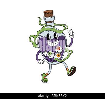 Cartoon-groovige Halloween-Trank-Flaschenfigur mit unheimlichen Augäpfeln und lilafarbenem Braun, die hell lächelt und eine Friedenszeichen-Geste zeigt, die eine verspielte gruselige Urlaubsatmosphäre mit Retro-Vibe festmacht Stock Vektor