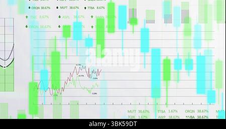 Anzeigen des Diagramms auf dem Armaturenbrett, Anzeige grüner und blauer durchscheinender Balken mit roten und grünen Linien Stockfoto