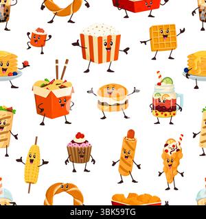 Cartoon lustige Fast Food Charaktere nahtloses Muster. Vektor-verspielter Fliesenhintergrund mit süßem fröhlichem Burger, Popcorn, Waffeln, Nudeln, Cupcake und Getränken mit lächelnden Gesichtern. Lustiger Druck oder Hintergrundbild Stock Vektor