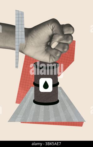 Composite Artwork Foto Collage Vorlage Skizze der Faust Gestenpresse Öl Fass fossile Brennstoffe industrielle Energie Rezession Geschäft bankrott Stockfoto