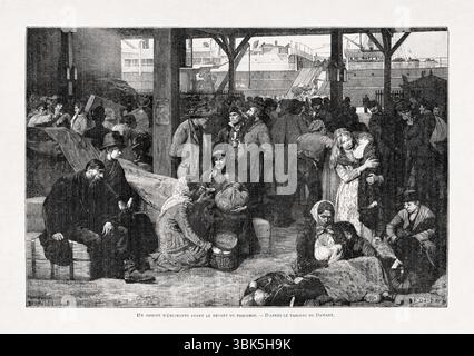 Gravur einer Gruppe von Emigranten vor dem Abgang des Liners nach dem Gemälde von Albert Pierre Dawant. Stockfoto