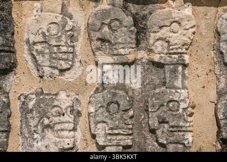 Die Tzompantli Steinplattform mit mehreren geschnitzten Schädelreliefs und dekorativen Tafeln in Mexiko, Yucatan Halbinsel, Chichen Itza. Stockfoto