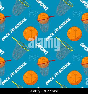 Nahtloses Sportmuster mit Basketbälle, Basketballkörben und Kreidetext auf blauem Hintergrund. Für Schulbesucher und Freizeitthemen, Schulbedarf oder Stand Stock Vektor