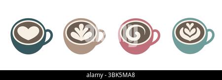 Flaches Vektor-Kunstset mit vier bunten Kaffeetassen, mit einem Latte Art Design auf der Oberseite. Stock Vektor