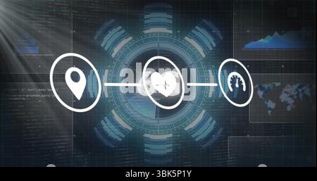 Anzeige von drei Symbolen mit pulsierendem Herz auf dem Bildschirm, Anzeige von Code, Karte und Karte Stockfoto