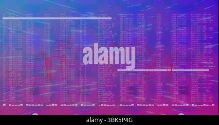 Futuristische Benutzeroberfläche auf dem Computerbildschirm mit Codespalten und roter Skyline des Drahtmodells Stockfoto