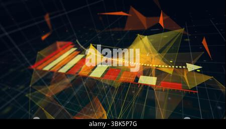 Anzeigen von 3D-Diagrammen mit vertikalen Balken, gelb-orangefarbenen Oberflächen und gepunkteten Pfeilen über Rasterlinien Stockfoto