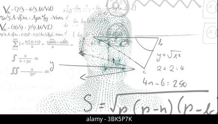 Zeigt stilisierten Punktmatrixkopf in abstraktem Weißraum mit Überlagerungen in mathematischer Schreibweise Stockfoto