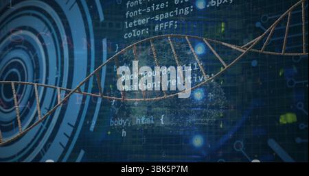 Anzeige der 3D-DNA-Helix, die sich über ein digitales Raster erstreckt, mit CSS-Code-Overlay und leuchtenden Knoten Stockfoto
