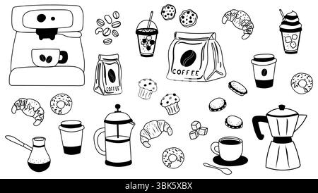 Kaffeeset mit schwarzen Symbolen Stock Vektor