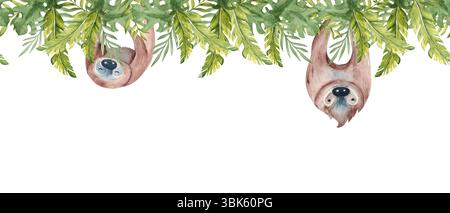 Niedliche Faultiere hängen kopfüber in tropischen Blättern. Nahtlose Grenze Für Wildtiere. Handgezeichnete Aquarelle. Für Kinder Tapetendesign. Stockfoto
