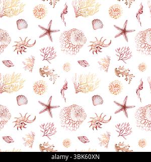 Nahtloses Aquarellmuster mit Muscheln und Korallen auf weißem Hintergrund. Ideal für Küsten-, Meeres- und Stranddesigns. Perfekt für Te Stockfoto