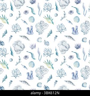 Nahtloses Aquarellmuster mit Muscheln und Korallen auf weißem Hintergrund. Ideal für Küsten-, Meeres- und Stranddesigns. Stockfoto