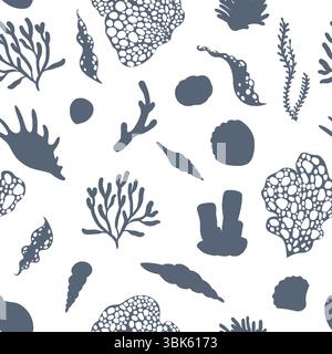 Nahtloses Muster von Muscheln und Korallen auf weißem Hintergrund Stock Vektor